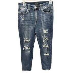 Judy Blue Women's 3/26 Boyfriend Fit Dark Wash Distressed Slim-Fit Denim Jeans